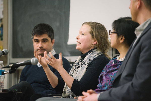 Left to right: Michael Gray (CivE PhD 1T2, Cast Connex), Theresa Cooke (Siemens Canada Ltd.), Ivey Chiu (EngSci 0T5, MIE MASc 0T5, MIE PhD 1T0, Telus), and Brandon Bowhuis (EngSci 0T4, MSE PhD 0T9, Integran), along with Deshanand Singh (CompE 9T7, ECE PhD 0T3, Amazon, not pictured), participate in an ILead:Grad panel on Success Stories from PhD Engineers and Scientists, held January 2017. A new graduate professional development program provides students with guidance on how to market their expertise and competencies to potential employers outside academia. (Photo: Alan Yusheng Wu)