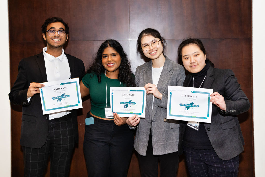 Left to Right: Darsh Jain (Year 4 ChemE), Natasha Pereira (Year 4 ChemE), Ally Cheung (Year 4 EngSci), and Blythe Huang (Year 3 ChemE) presented their winning idea for extending the lifecycle of cooking oil used on campus by repurposing it into usable biodiesel. (Photo: Tobi Asmoucha)